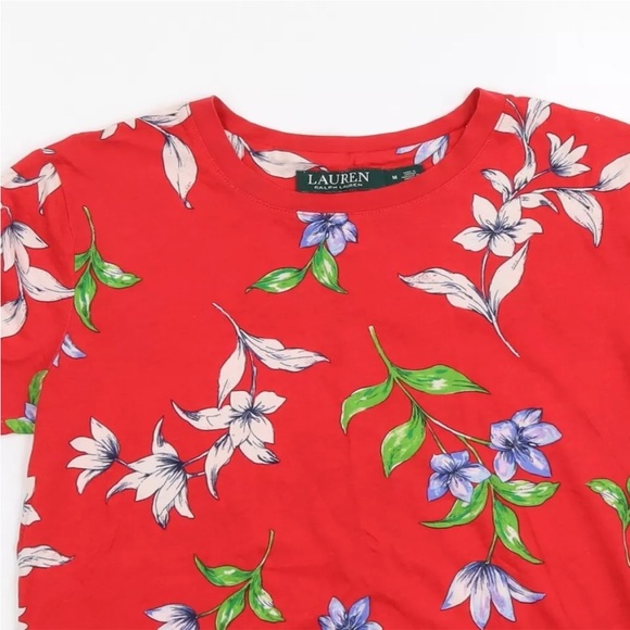 Lauren Ralph Lauren Women’s Red Floral Cotton Basic T-Shirt Crew Neck Sz Large - Picture 3 of 9